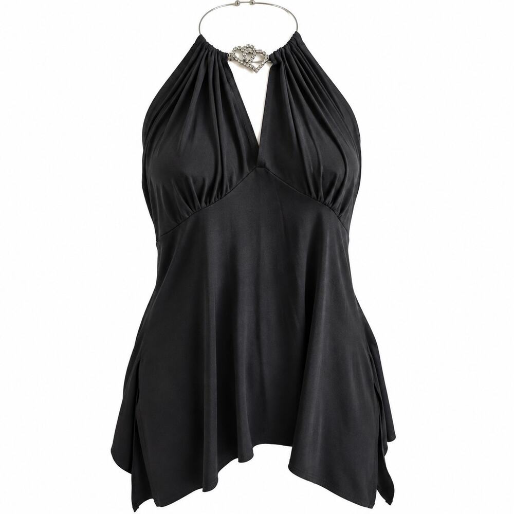 VTG Lia Lee Y2K Black Halter Top L Rhinestone Heart Handkerchief Whimsigoth